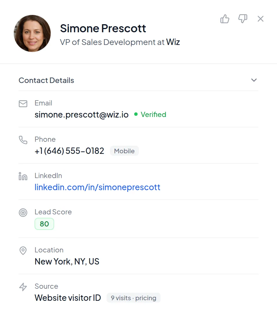 A resolved Knock2 contact record: photo, name and title, verified email, mobile phone, LinkedIn, lead score and source